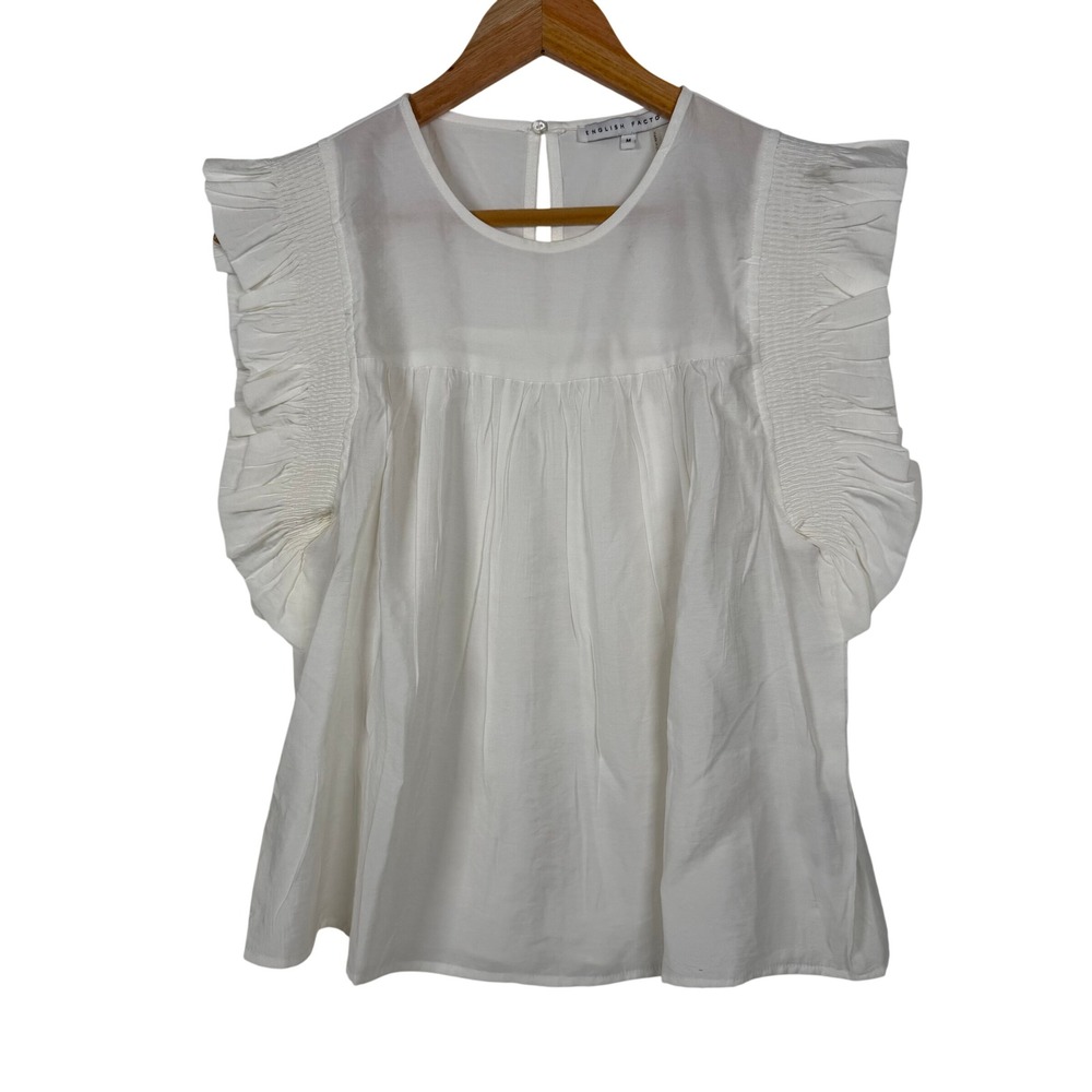 English Factory Blouse Womens Medium White Ruffle Smocked Sleeveless‎ JJ913T